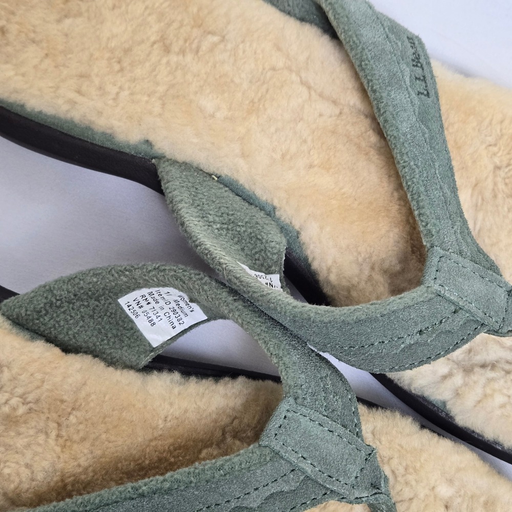 L.L. Bean Wicked Good Shearling Lined Flip Flops Green Tan 290382 Size 11 Medium - Picture 11 of 11